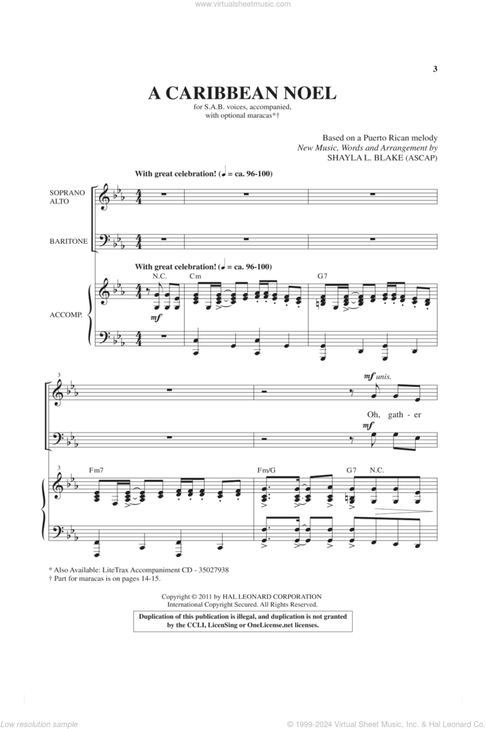 A Caribbean Noel sheet music for choir (SAB: soprano, alto, bass) by Shayla Blake, intermediate skill level