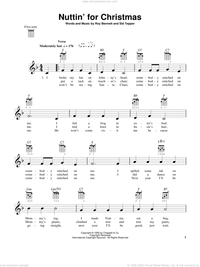 Nuttin' For Christmas sheet music for ukulele by Roy Bennett and Sid Tepper, intermediate skill level