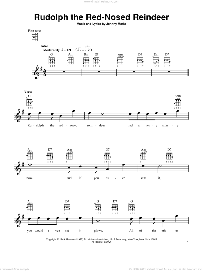Rudolph The Red-Nosed Reindeer sheet music for ukulele by Johnny Marks, intermediate skill level