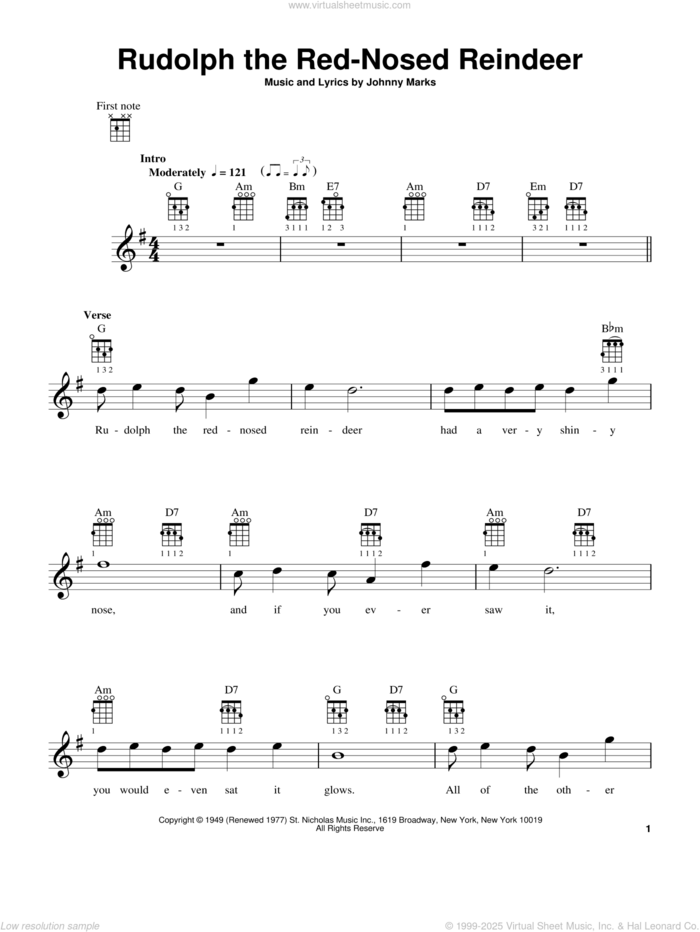 Rudolph The Red-Nosed Reindeer sheet music for ukulele by Johnny Marks, intermediate skill level