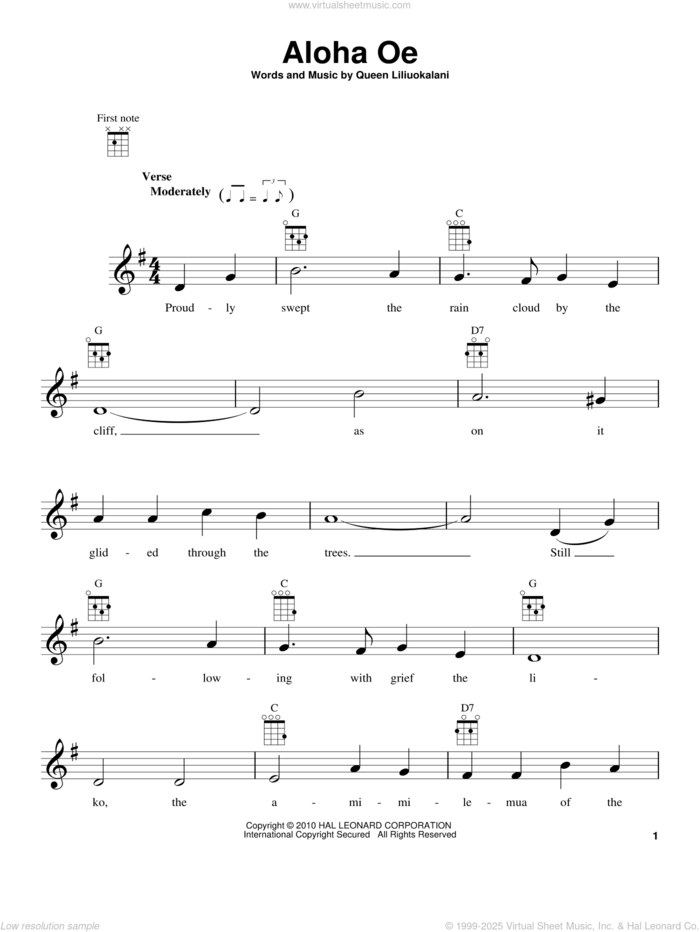 Aloha Oe sheet music for ukulele by Queen Liliuokalani, intermediate skill level