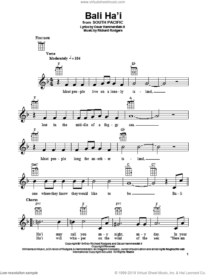 Bali Ha'i sheet music for ukulele by Rodgers & Hammerstein, South Pacific (Musical), Oscar II Hammerstein and Richard Rodgers, intermediate skill level
