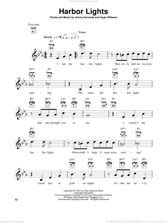 Harbor Lights sheet music for ukulele by Willie Nelson, Hugh Williams and Jimmy Kennedy, intermediate skill level