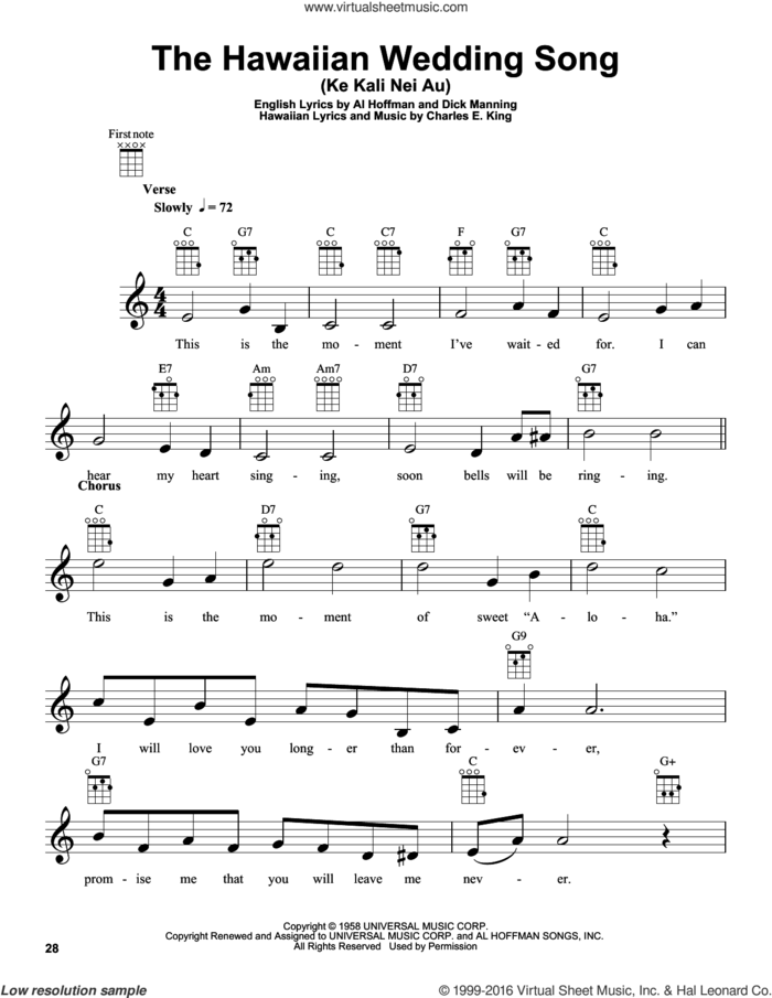 The Hawaiian Wedding Song (Ke Kali Nei Au) sheet music for ukulele by Andy Williams, Al Hoffman, Charles E. King and Dick Manning, wedding score, intermediate skill level