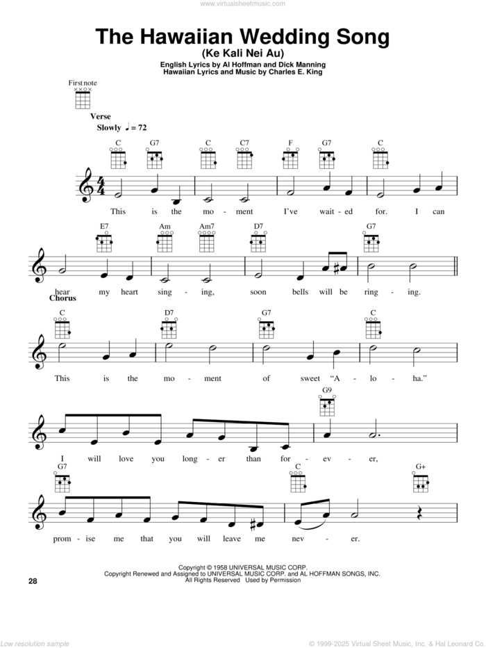 The Hawaiian Wedding Song (Ke Kali Nei Au) sheet music for ukulele by Andy Williams, Al Hoffman, Charles E. King and Dick Manning, wedding score, intermediate skill level