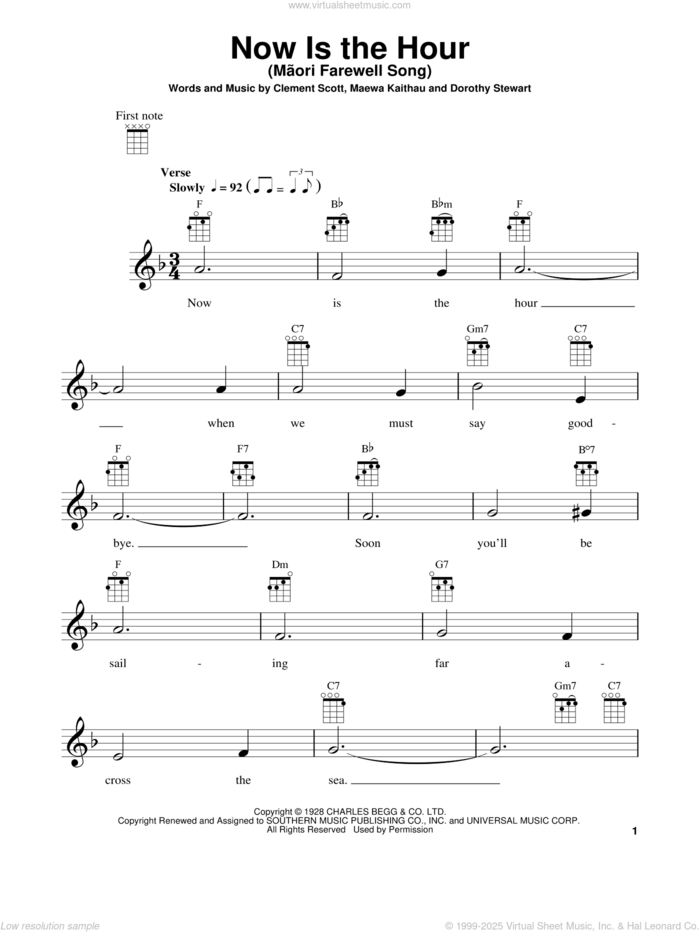 Now Is The Hour (Maori Farewell Song) sheet music for ukulele by Bing Crosby, Clement Scott, Dorothy Stewart and Maewa Kaithau, intermediate skill level