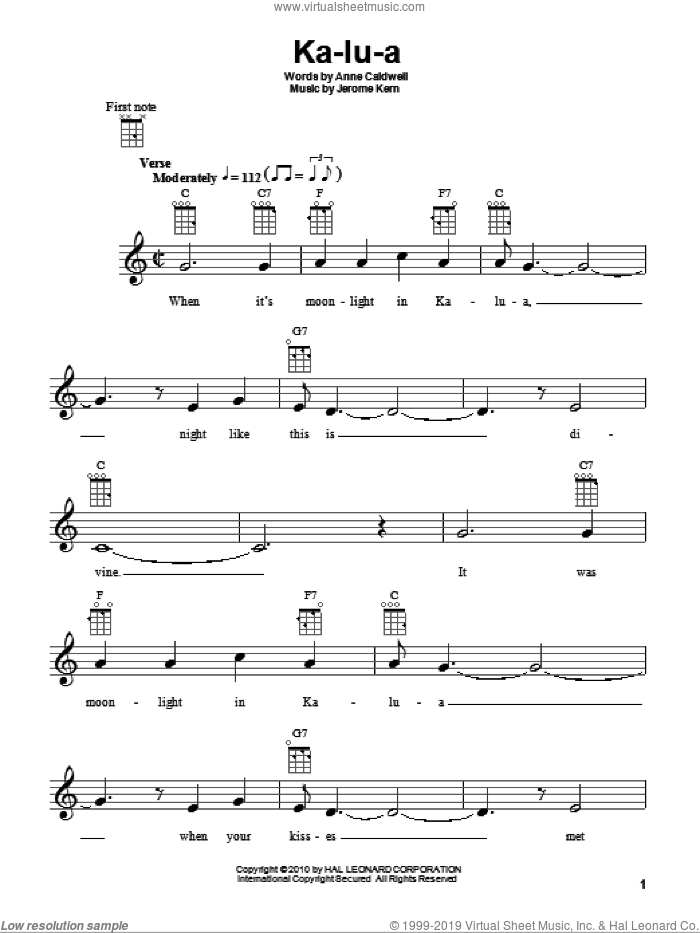 Ka-lu-a sheet music for ukulele by Anne Caldwell and Jerome Kern, intermediate skill level