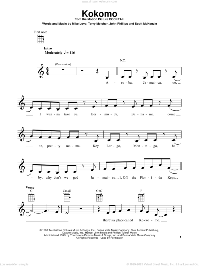 Kokomo (from The Daily Ukulele) sheet music for ukulele by The Beach Boys, John Phillips, Mike Love, Scott McKenzie and Terry Melcher, intermediate skill level