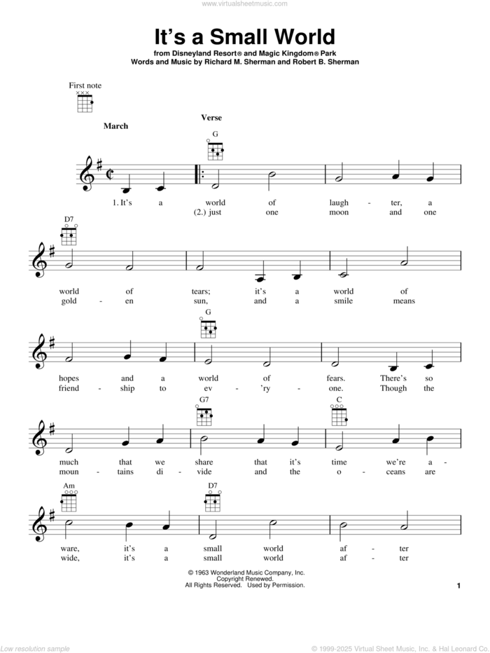 It's A Small World sheet music for ukulele by Sherman Brothers, Richard M. Sherman and Robert B. Sherman, intermediate skill level