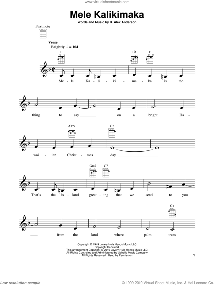Mele Kalikimaka (Merry Christmas In Hawaii) sheet music for ukulele by Bing Crosby and R. Alex Anderson, intermediate skill level