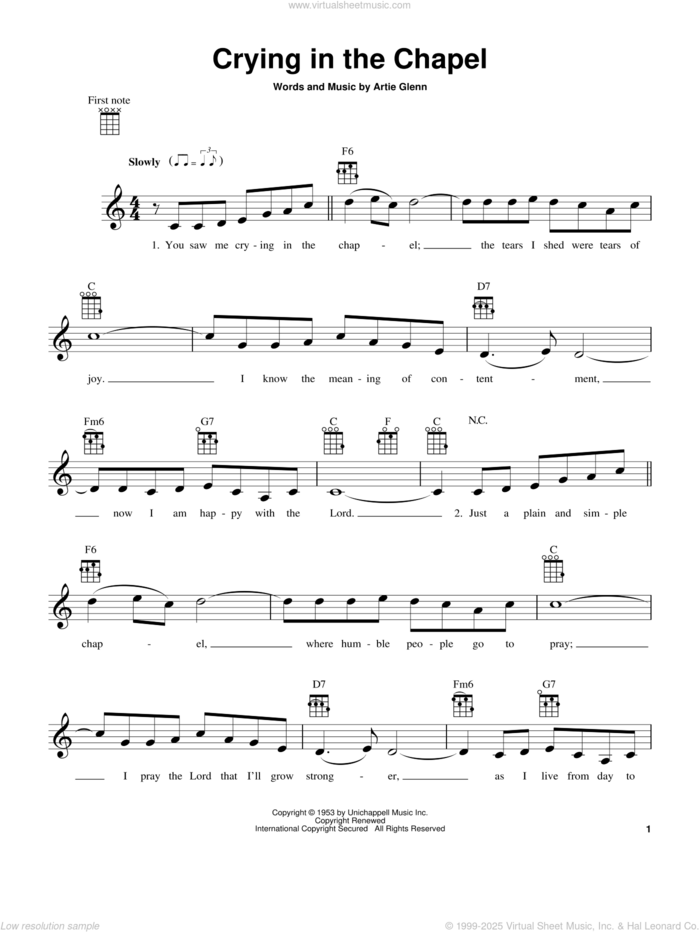 Crying In The Chapel sheet music for ukulele by Elvis Presley and Artie Glenn, intermediate skill level