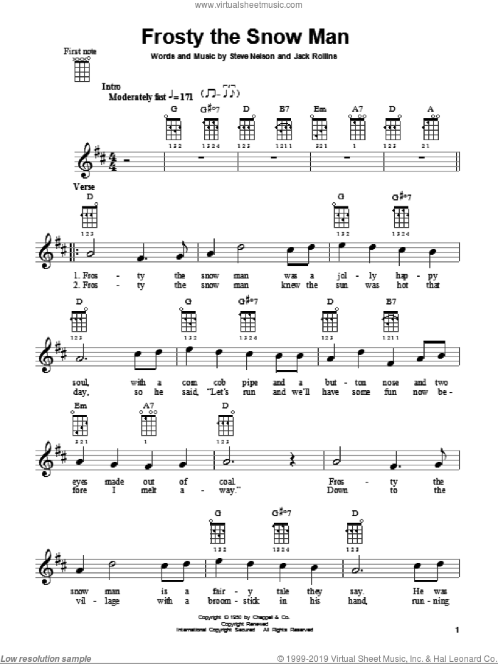 Frosty The Snow Man sheet music for ukulele by Gene Autry and Jack Rollins, intermediate skill level