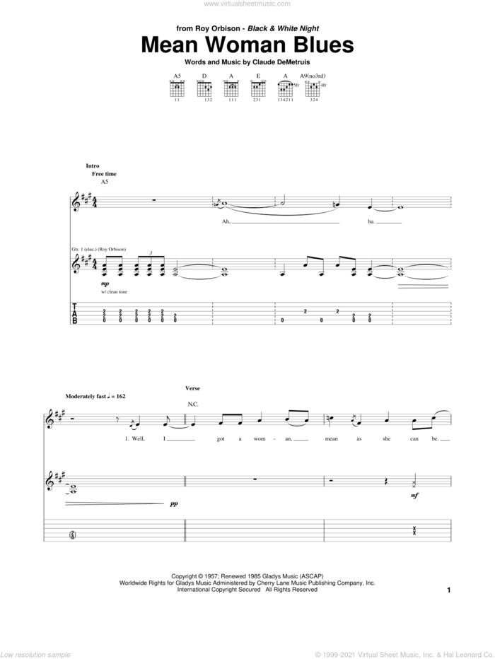 Mean Woman Blues sheet music for guitar (tablature) by Roy Orbison, Elvis Presley and Claude DeMetruis, intermediate skill level