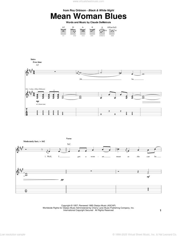 Mean Woman Blues sheet music for guitar (tablature) by Roy Orbison, Elvis Presley and Claude DeMetruis, intermediate skill level