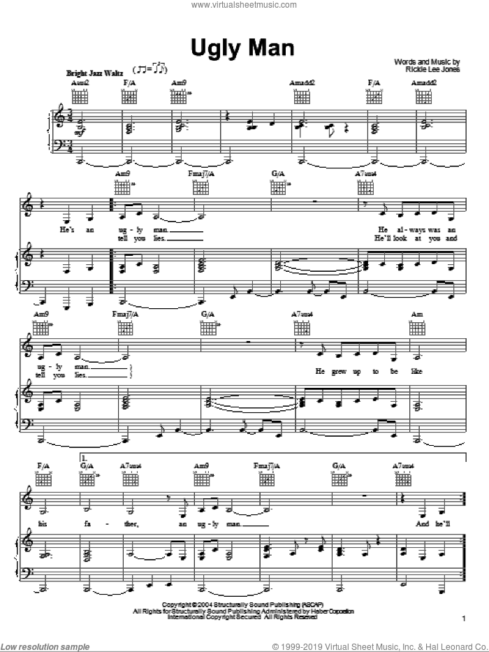 Ugly Man sheet music for voice, piano or guitar by Rickie Lee Jones, intermediate skill level
