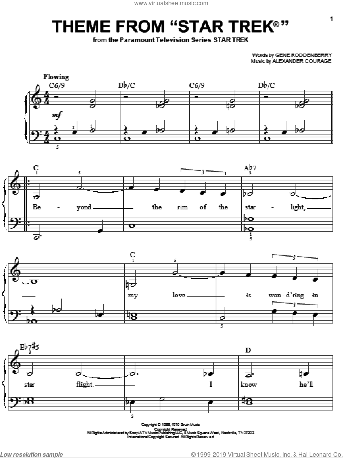 Theme From Star Trek(R) sheet music for piano solo by Gene Roddenberry and Alexander Courage, easy skill level