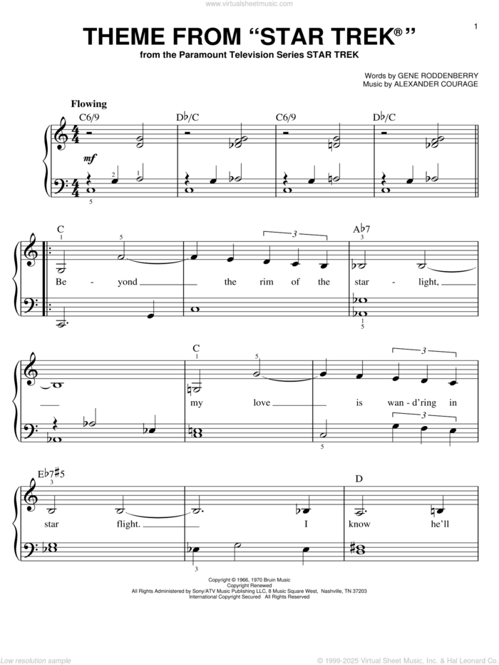 Theme From Star Trek(R) sheet music for piano solo by Gene Roddenberry and Alexander Courage, easy skill level