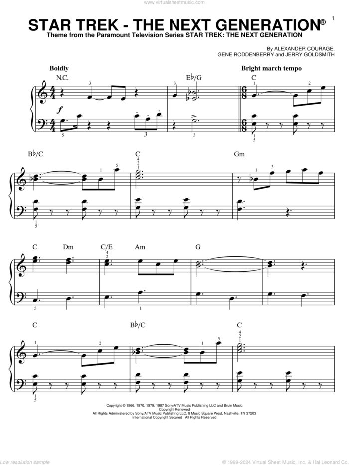 Star Trek - The Next Generation, (easy) sheet music for piano solo by Gene Roddenberry, Alexander Courage and Jerry Goldsmith, easy skill level