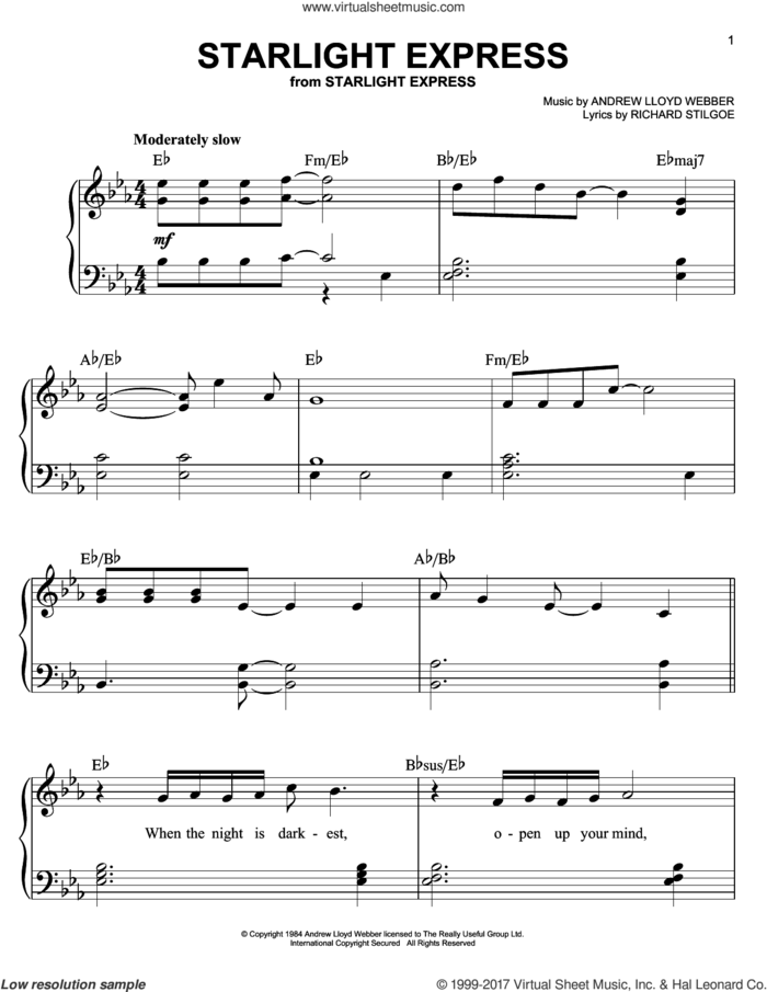 Starlight Express, (easy) sheet music for piano solo by Andrew Lloyd Webber and Richard Stilgoe, easy skill level
