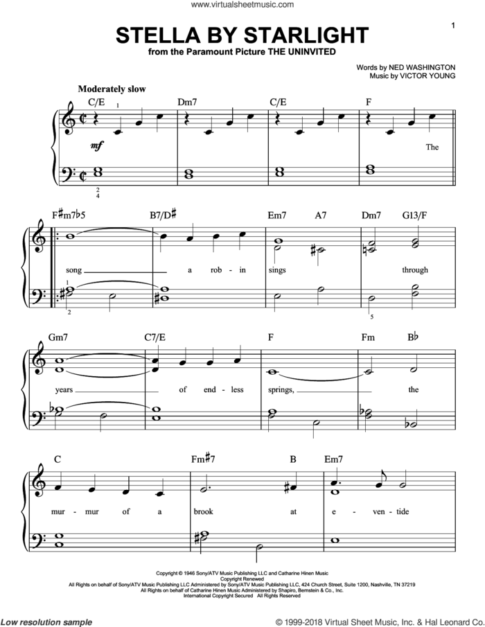 Stella By Starlight, (beginner) sheet music for piano solo by Victor Young and Ned Washington, beginner skill level