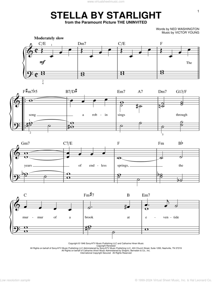 Stella By Starlight sheet music for piano solo by Victor Young and Ned Washington, beginner skill level