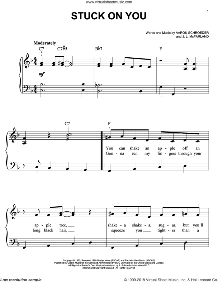 Stuck On You, (easy) sheet music for piano solo by Elvis Presley, Aaron Schroeder and J. Leslie McFarland, easy skill level