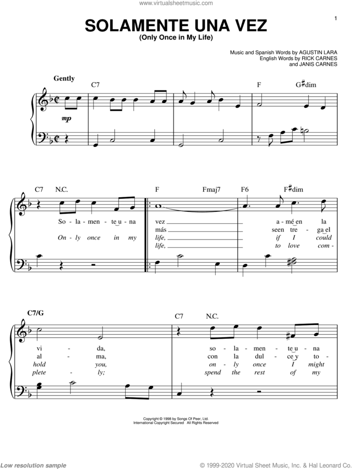 Only Once In My Life (Solamente Una Vez) sheet music for piano solo by Agustin Lara, Janis Carnes and Rick Carnes, easy skill level