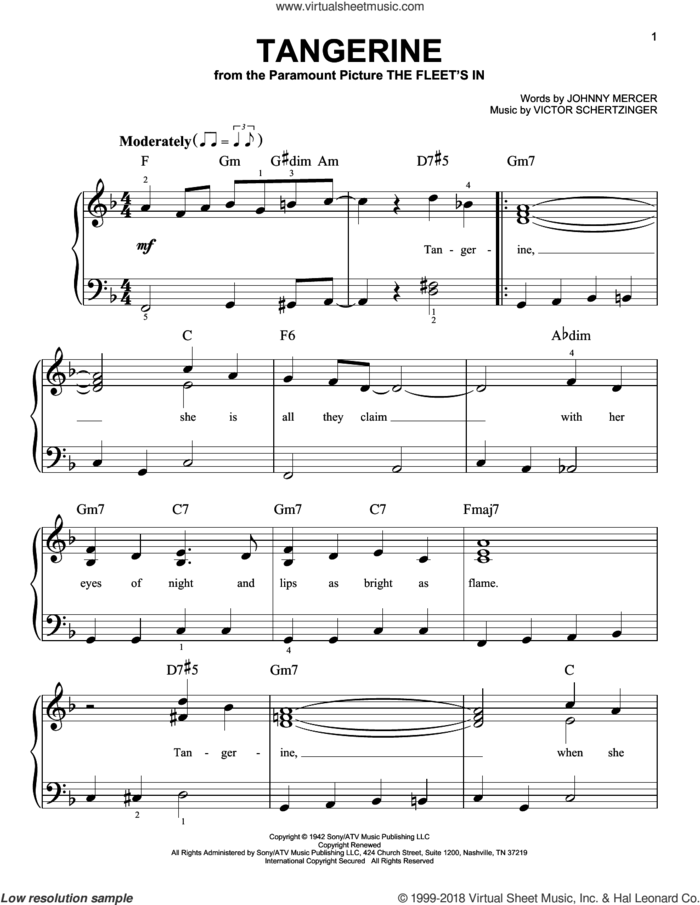 Tangerine, (beginner) sheet music for piano solo by Johnny Mercer and Victor Schertzinger, beginner skill level