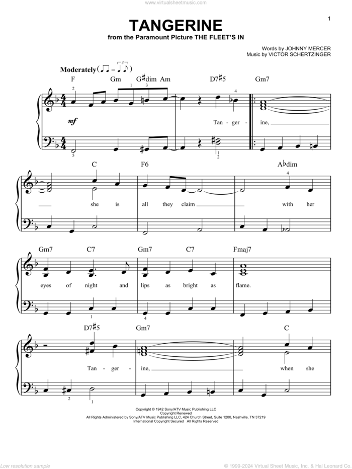 Tangerine, (beginner) sheet music for piano solo by Johnny Mercer and Victor Schertzinger, beginner skill level