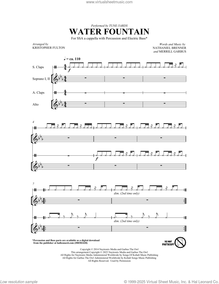 Water Fountain (arr. Kristopher Fulton) sheet music for choir (SSA: soprano, alto) by Tune Yards, Kristopher Fulton, Merrill Garbus and Nathaniel Brenner, intermediate skill level