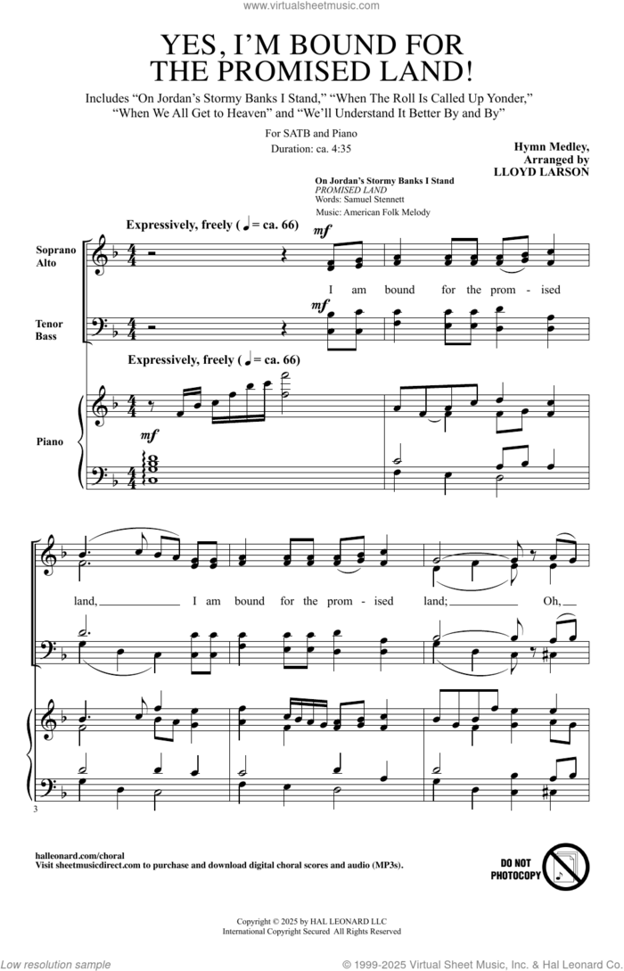 Yes, I'm Bound For The Promised Land! sheet music for choir (SATB: soprano, alto, tenor, bass) by Lloyd Larson, intermediate skill level