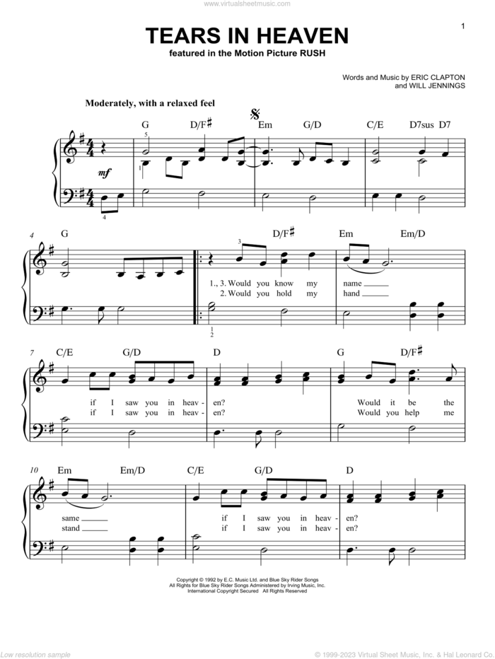 Tears In Heaven, (easy) sheet music for piano solo by Eric Clapton and Will Jennings, easy skill level