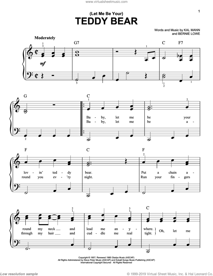 (Let Me Be Your) Teddy Bear sheet music for piano solo by Elvis Presley, Bernie Lowe and Kal Mann, easy skill level