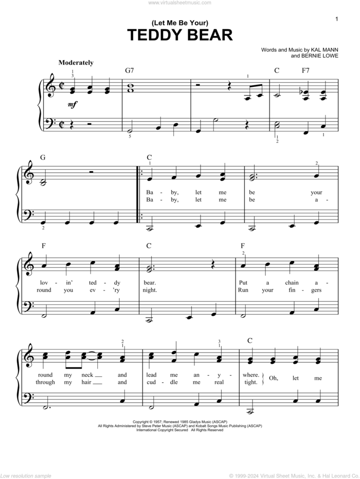 (Let Me Be Your) Teddy Bear, (easy) sheet music for piano solo by Elvis Presley, Bernie Lowe and Kal Mann, easy skill level