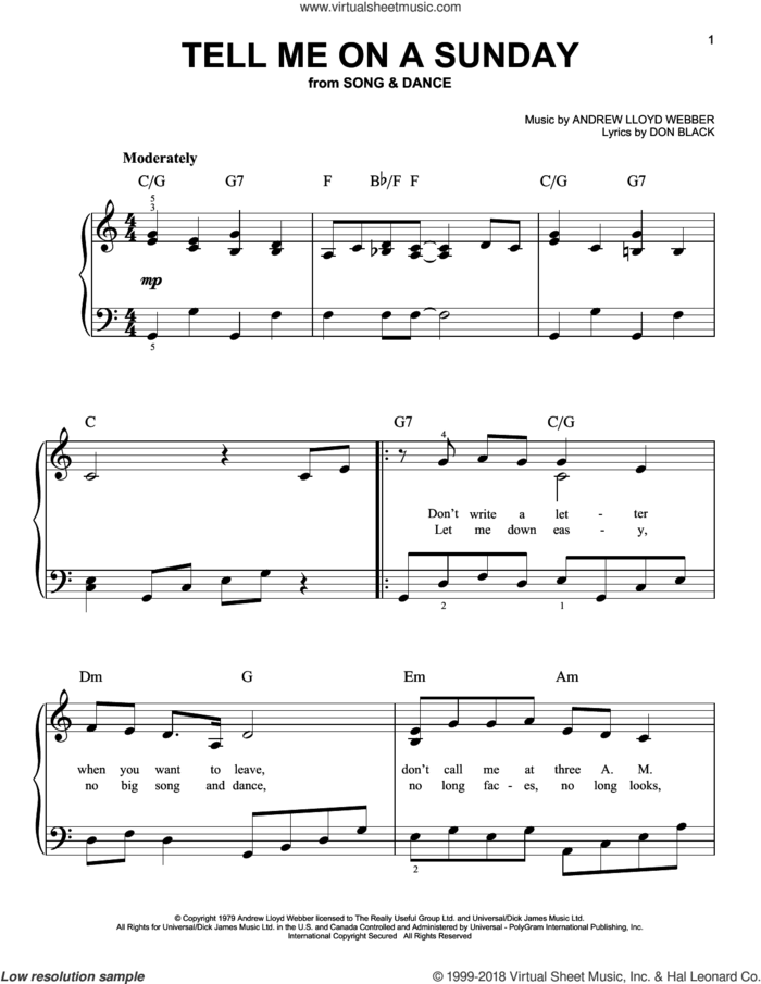 Tell Me On A Sunday, (easy) sheet music for piano solo by Andrew Lloyd Webber and Don Black, easy skill level