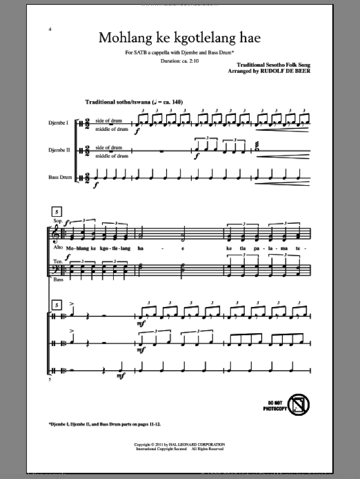 Mohlang Ke Kgotlelang Hae (When I Return Home) sheet music for choir (SATB: soprano, alto, tenor, bass) by Rudolf de Beer and Traditional Sesotho Folk Song, intermediate skill level