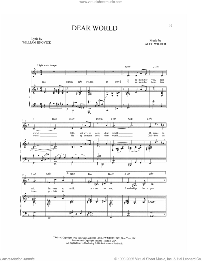 Dear World sheet music for voice, piano or guitar by Alec Wilder and William Engvick, intermediate skill level