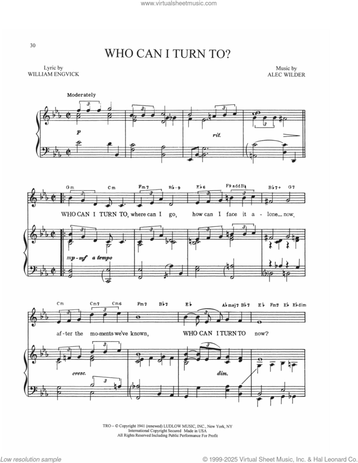 Who Can I Turn To? sheet music for voice, piano or guitar by Alec Wilder and William Engvick, intermediate skill level