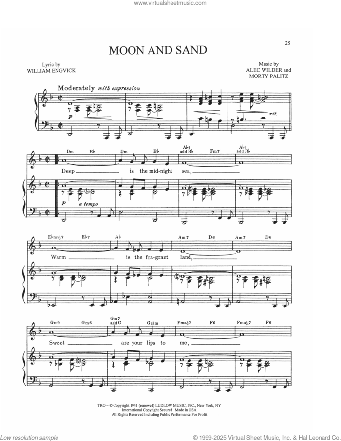 Moon And Sand sheet music for voice, piano or guitar by Alec Wilder, Morty Palitz and William Engvick, intermediate skill level