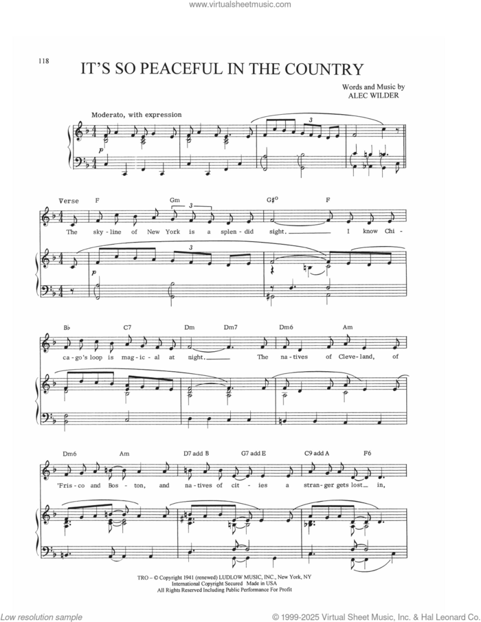 It's So Peaceful In The Country sheet music for voice, piano or guitar by Bill Charlap, Alec Wilder and William Engvick, intermediate skill level