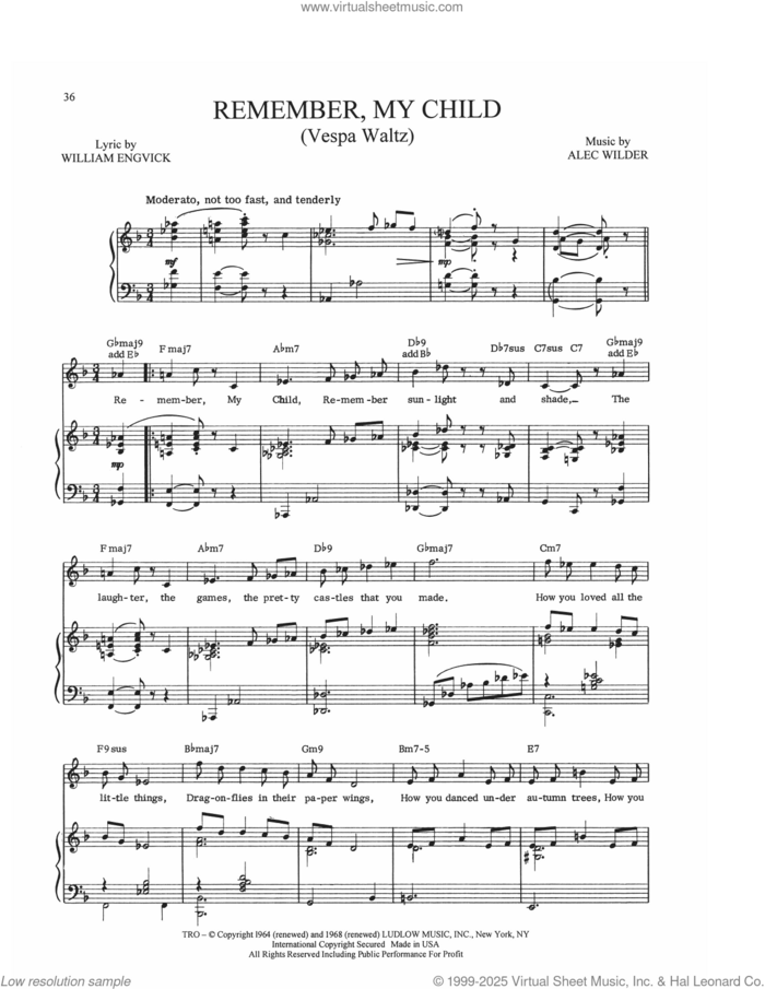 Remember, My Child (Vespa Waltz) sheet music for voice, piano or guitar by Alec Wilder and William Engvick, intermediate skill level