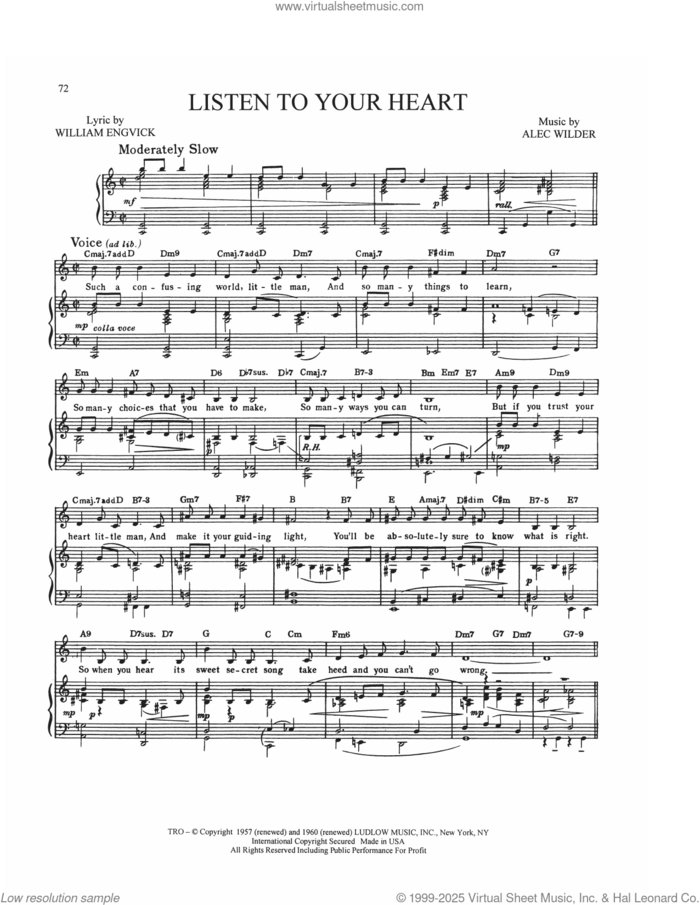 Listen To Your Heart sheet music for voice, piano or guitar by Alec Wilder and William Engvick, intermediate skill level