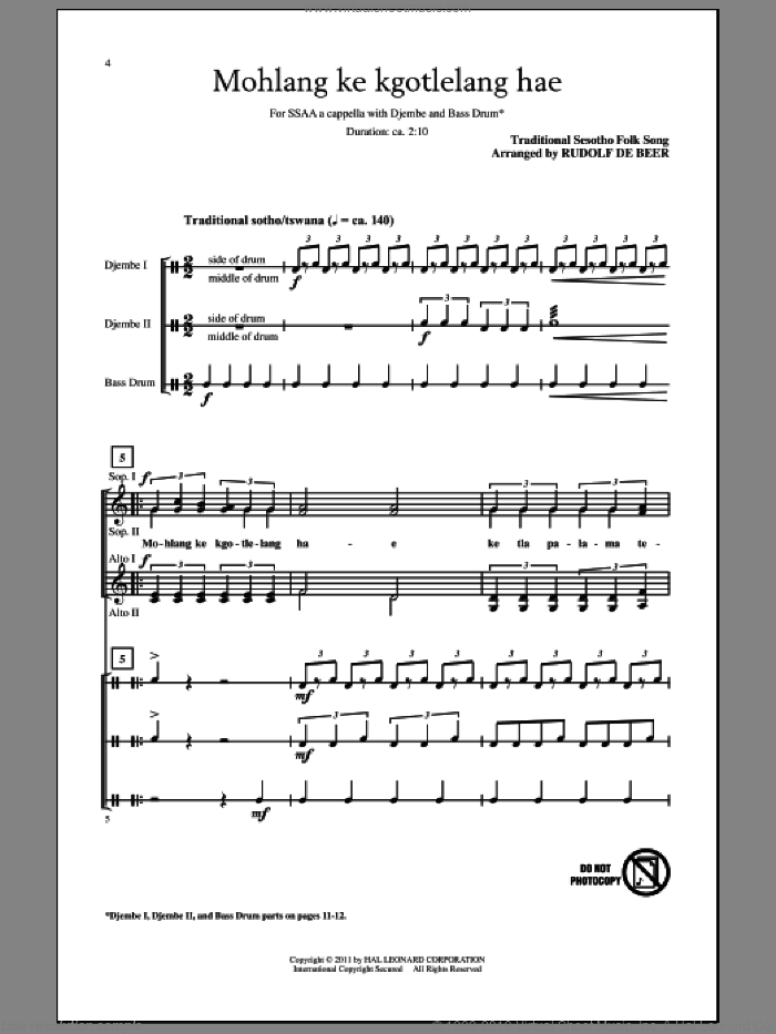Mohlang Ke Kgotlelang Hae (When I Return Home) sheet music for choir (SSA: soprano, alto) by Rudolf de Beer and Traditional Sesotho Folk Song, intermediate skill level