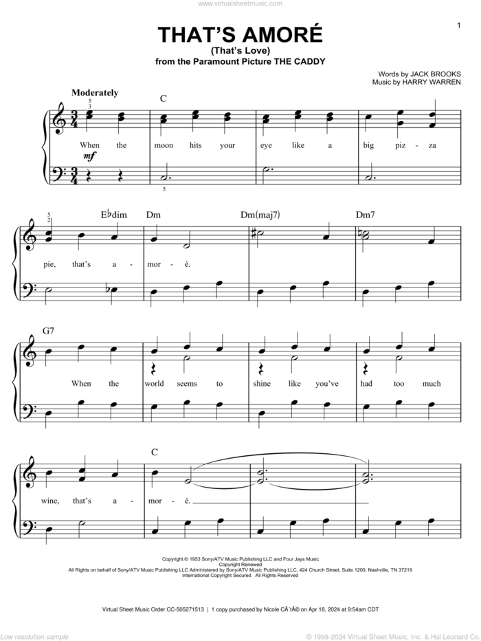 That's Amore (That's Love) sheet music for piano solo by Dean Martin, Harry Warren and Jack Brooks, easy skill level