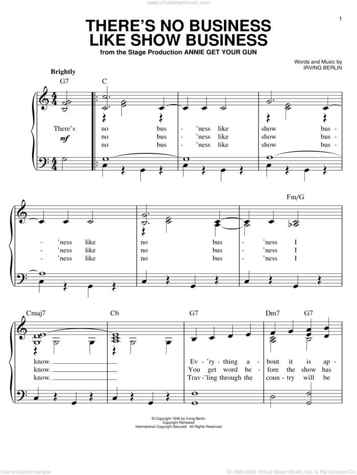 There's No Business Like Show Business sheet music for piano solo by Irving Berlin, easy skill level