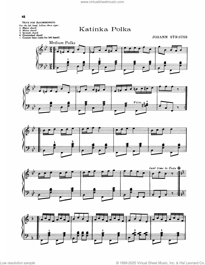 Katinka Polka sheet music for piano solo by Lawrence Welk and Johann Strauss, intermediate skill level