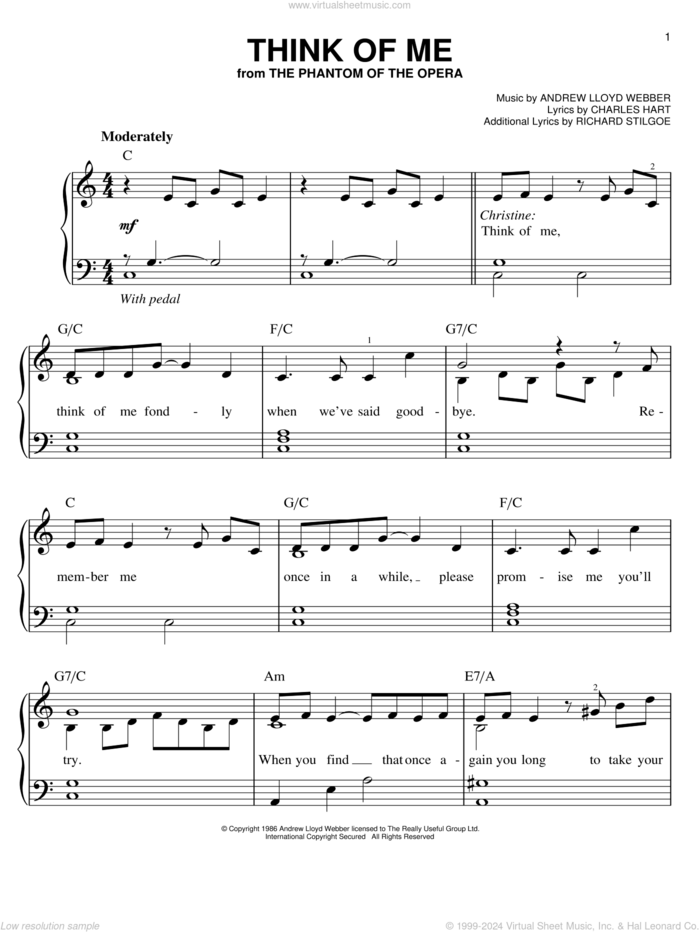 Think Of Me (from The Phantom Of The Opera), (easy) sheet music for piano solo by Andrew Lloyd Webber, Charles Hart and Richard Stilgoe, easy skill level