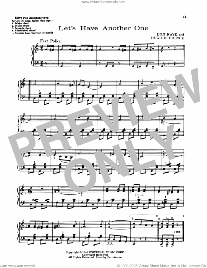 Let's Have Another One sheet music for piano solo by Lawrence Welk, Don Raye and Hughie Prince, intermediate skill level
