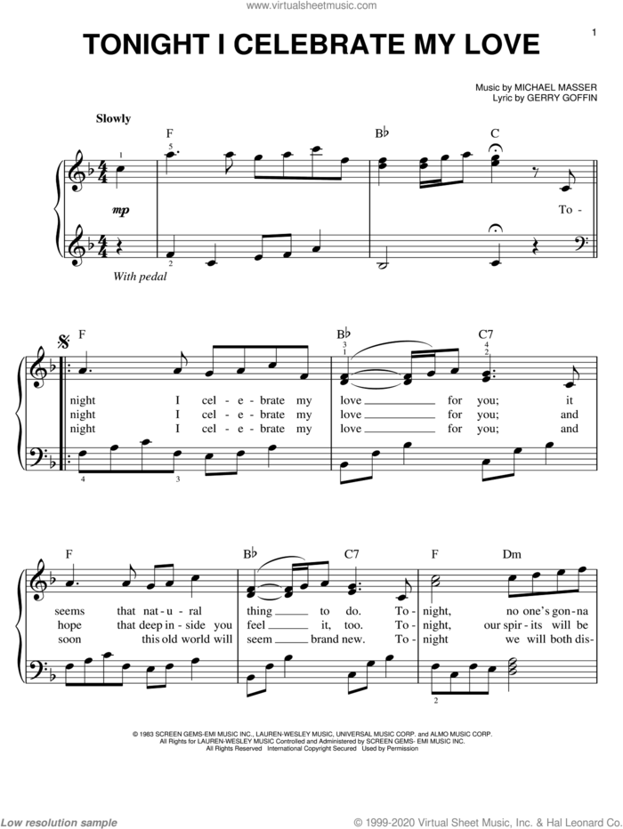 Tonight, I Celebrate My Love sheet music for piano solo by Roberta Flack, Gerry Goffin and Michael Masser, wedding score, easy skill level