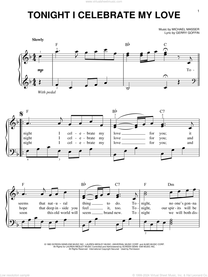 Tonight, I Celebrate My Love sheet music for piano solo by Roberta Flack, Gerry Goffin and Michael Masser, wedding score, easy skill level